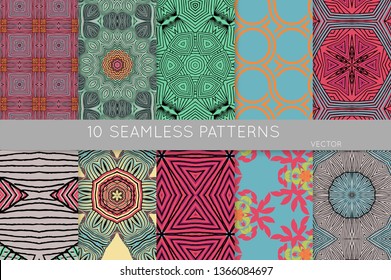Collection of seamless patterns. Abstract design elements in set. Colored decorative repainting background with tribal and ethnic motifs 