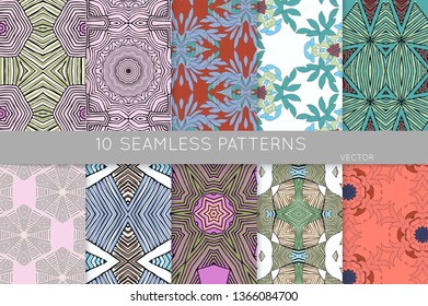 Collection of seamless patterns. Abstract design elements in set. Colored decorative repainting background with tribal and ethnic motifs 