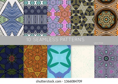 Collection of seamless patterns. Abstract design elements in set. Colored decorative repainting background with tribal and ethnic motifs 