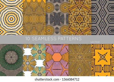 Collection of seamless patterns. Abstract design elements in set. Colored decorative repainting background with tribal and ethnic motifs 