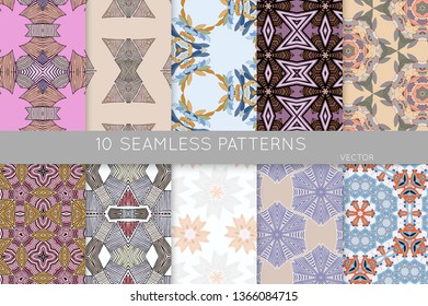 Collection of seamless patterns. Abstract design elements in set. Colored decorative repainting background with tribal and ethnic motifs 