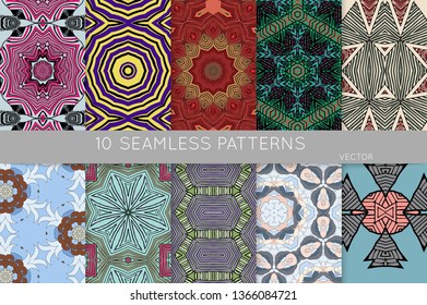 Collection of seamless patterns. Abstract design elements in set. Colored decorative repainting background with tribal and ethnic motifs 