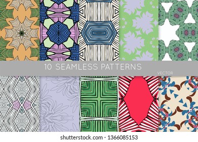Collection of seamless patterns. Abstract design elements in set. Colored decorative repainting background with tribal and ethnic motifs