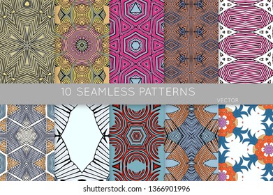 Collection of seamless patterns. Abstract design elements in set. Colored decorative repainting background with tribal and ethnic motifs 