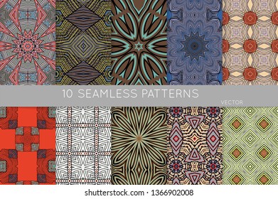 Collection of seamless patterns. Abstract design elements in set. Colored decorative repainting background with tribal and ethnic motifs 