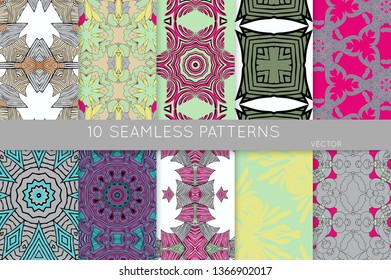 Collection of seamless patterns. Abstract design elements in set. Colored decorative repainting background with tribal and ethnic motifs 