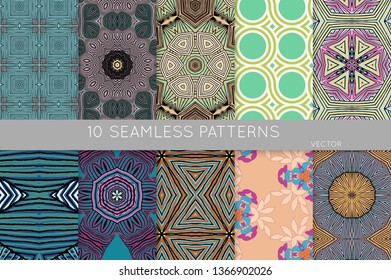 Collection of seamless patterns. Abstract design elements in set. Colored decorative repainting background with tribal and ethnic motifs 