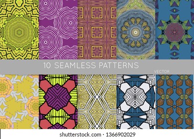 Collection of seamless patterns. Abstract design elements in set. Colored decorative repainting background with tribal and ethnic motifs 
