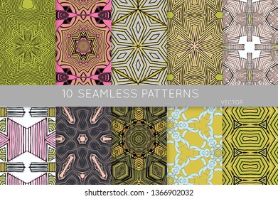 Collection of seamless patterns. Abstract design elements in set. Colored decorative repainting background with tribal and ethnic motifs 