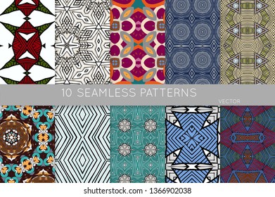 Collection of seamless patterns. Abstract design elements in set. Colored decorative repainting background with tribal and ethnic motifs 