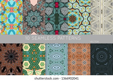 Collection of seamless patterns. Abstract design elements in set. Colored decorative repainting background with tribal and ethnic motifs 