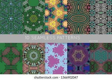 Collection of seamless patterns. Abstract design elements in set. Colored decorative repainting background with tribal and ethnic motifs 