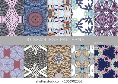 Collection of seamless patterns. Abstract design elements in set. Colored decorative repainting background with tribal and ethnic motifs 