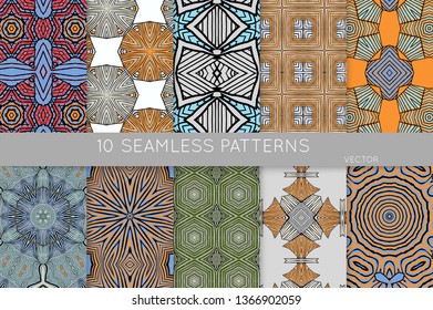 Collection of seamless patterns. Abstract design elements in set. Colored decorative repainting background with tribal and ethnic motifs 