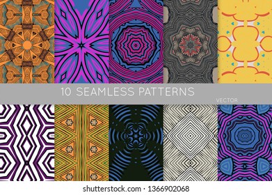 Collection of seamless patterns. Abstract design elements in set. Colored decorative repainting background with tribal and ethnic motifs 