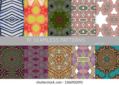 Collection of seamless patterns. Abstract design elements in set. Colored decorative repainting background with tribal and ethnic motifs 