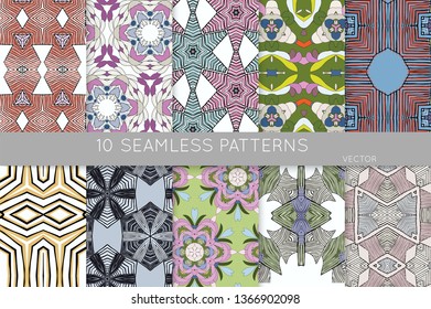 Collection of seamless patterns. Abstract design elements in set. Colored decorative repainting background with tribal and ethnic motifs 
