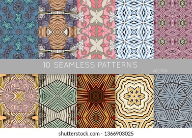 Collection of seamless patterns. Abstract design elements in set. Colored decorative repainting background with tribal and ethnic motifs