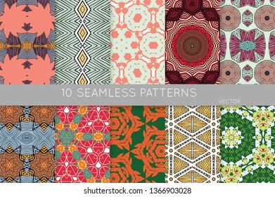 Collection of seamless patterns. Abstract design elements in set. Colored decorative repainting background with tribal and ethnic motifs