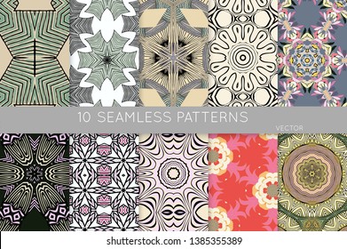 Collection of seamless patterns. Abstract design elements in set. Colored decorative repainting background with tribal and ethnic motifs 