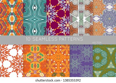 Collection of seamless patterns. Abstract design elements in set. Colored decorative repainting background with tribal and ethnic motifs 