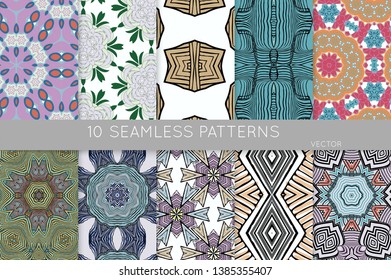 Collection of seamless patterns. Abstract design elements in set. Colored decorative repainting background with tribal and ethnic motifs 