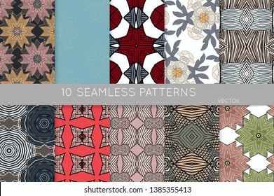 Collection of seamless patterns. Abstract design elements in set. Colored decorative repainting background with tribal and ethnic motifs 