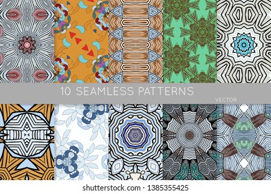 Collection of seamless patterns. Abstract design elements in set. Colored decorative repainting background with tribal and ethnic motifs 