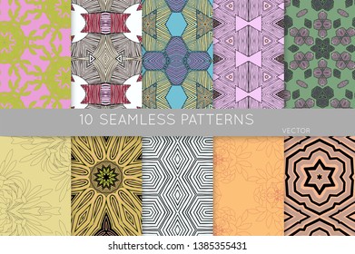 Collection of seamless patterns. Abstract design elements in set. Colored decorative repainting background with tribal and ethnic motifs 