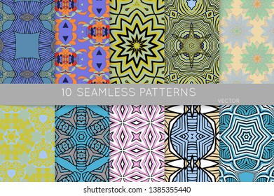Collection of seamless patterns. Abstract design elements in set. Colored decorative repainting background with tribal and ethnic motifs 