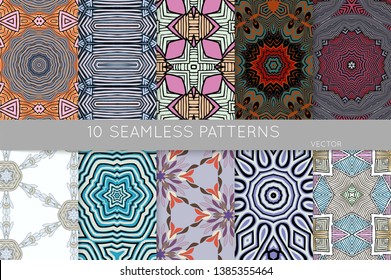 Collection of seamless patterns. Abstract design elements in set. Colored decorative repainting background with tribal and ethnic motifs 