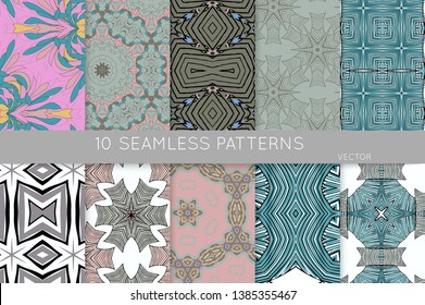 Collection of seamless patterns. Abstract design elements in set. Colored decorative repainting background with tribal and ethnic motifs 