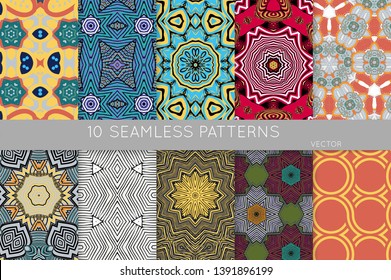Collection of seamless patterns. Abstract design elements in set. Colored decorative repainting background with tribal and ethnic motifs 