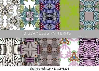 Collection of seamless patterns. Abstract design elements in set. Colored decorative repainting background with tribal and ethnic motifs 