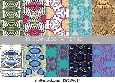 Collection of seamless patterns. Abstract design elements in set. Colored decorative repainting background with tribal and ethnic motifs 