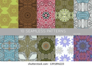 Collection of seamless patterns. Abstract design elements in set. Colored decorative repainting background with tribal and ethnic motifs 