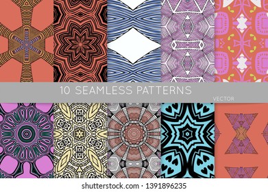 Collection of seamless patterns. Abstract design elements in set. Colored decorative repainting background with tribal and ethnic motifs 