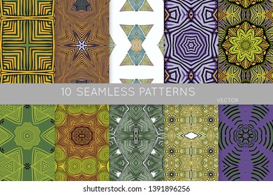 Collection of seamless patterns. Abstract design elements in set. Colored decorative repainting background with tribal and ethnic motifs 