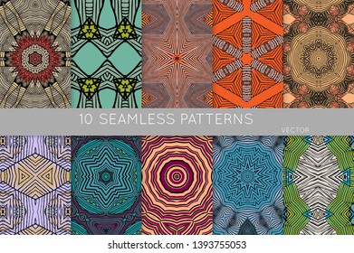 Collection of seamless patterns. Abstract design elements in set. Colored decorative repainting background with tribal and ethnic motifs 