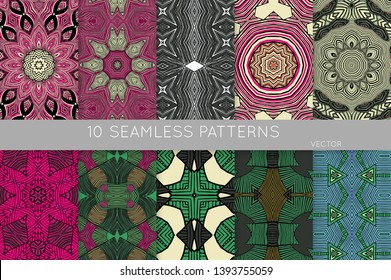 Collection of seamless patterns. Abstract design elements in set. Colored decorative repainting background with tribal and ethnic motifs 