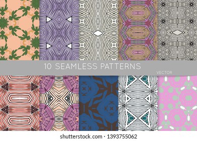 Collection of seamless patterns. Abstract design elements in set. Colored decorative repainting background with tribal and ethnic motifs 