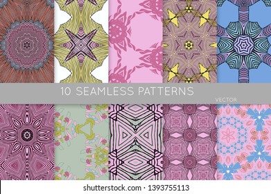 Collection of seamless patterns. Abstract design elements in set. Colored decorative repainting background with tribal and ethnic motifs 