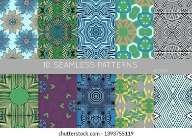 Collection of seamless patterns. Abstract design elements in set. Colored decorative repainting background with tribal and ethnic motifs 