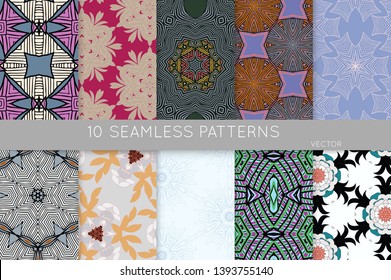 Collection of seamless patterns. Abstract design elements in set. Colored decorative repainting background with tribal and ethnic motifs 