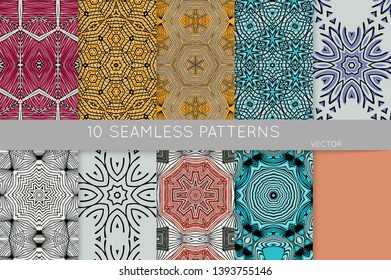 Collection of seamless patterns. Abstract design elements in set. Colored decorative repainting background with tribal and ethnic motifs 