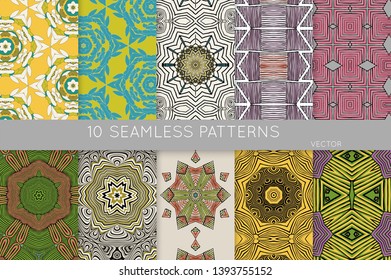 Collection of seamless patterns. Abstract design elements in set. Colored decorative repainting background with tribal and ethnic motifs 