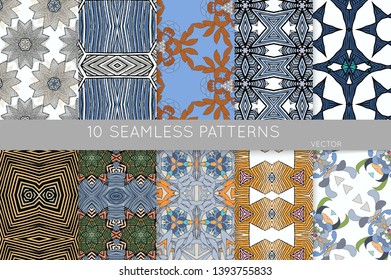 Collection of seamless patterns. Abstract design elements in set. Colored decorative repainting background with tribal and ethnic motifs