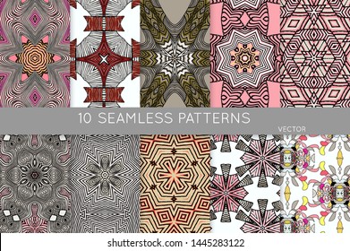 Collection of seamless patterns. Abstract design elements in set. Colored decorative repainting background with tribal and ethnic motifs 