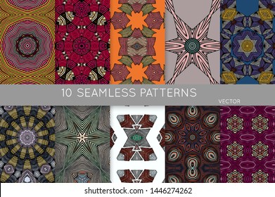 Collection of seamless patterns. Abstract design elements in set. Colored decorative repainting background with tribal and ethnic motifs 