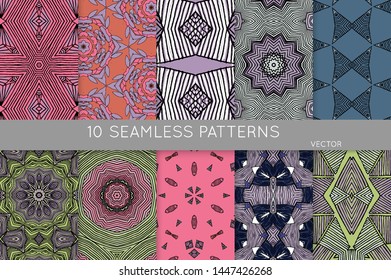 Collection of seamless patterns. Abstract design elements in set. Colored decorative repainting background with tribal and ethnic motifs 